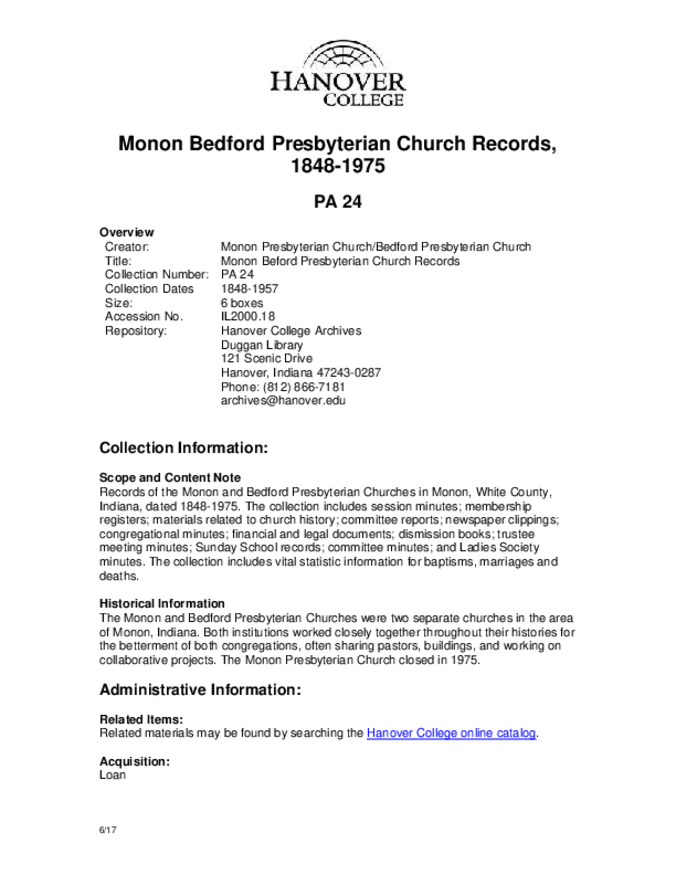 Monon-Bedford Presbyterian Church Records, 1848-1975 - Finding Aid miniatura