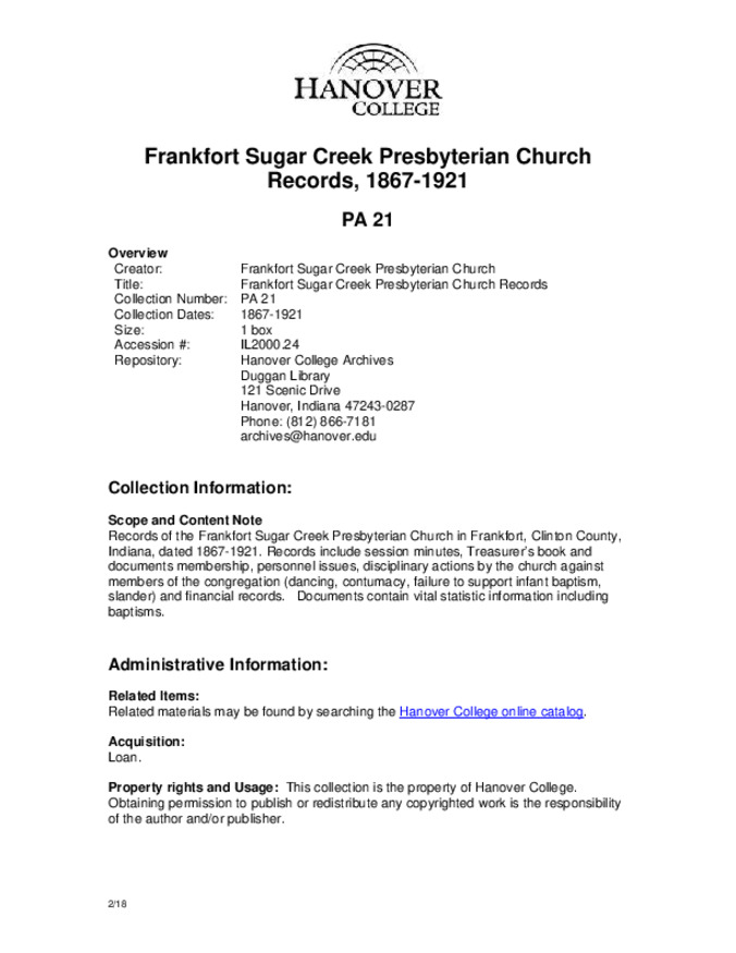 Frankfort Sugar Creek Presbyterian Church Records, 1867-1921 - Finding Aid Miniature