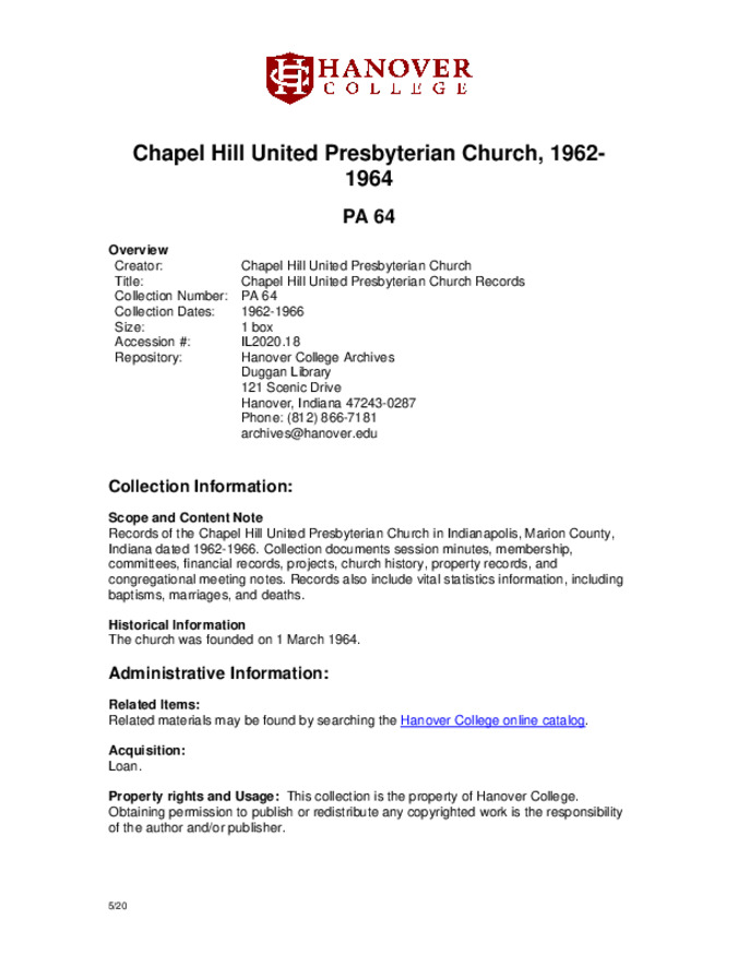 Chapel Hill United Presbyterian Church records, 1962-1966 - Finding Aid Thumbnail