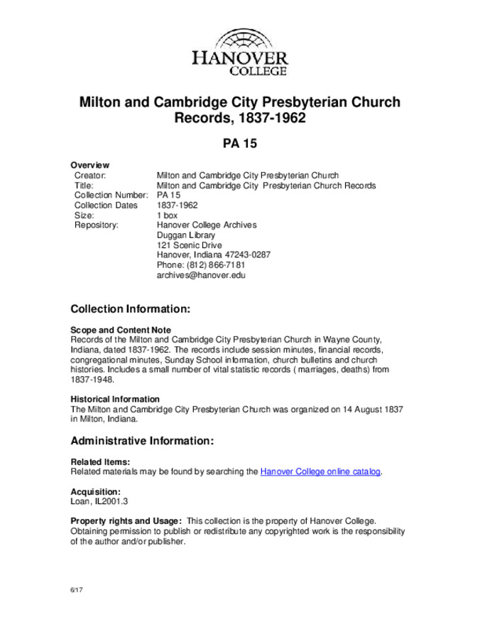 Milton and Cambridge City Presbyterian Church Records, 1837-1962 - Finding Aid                     miniatura