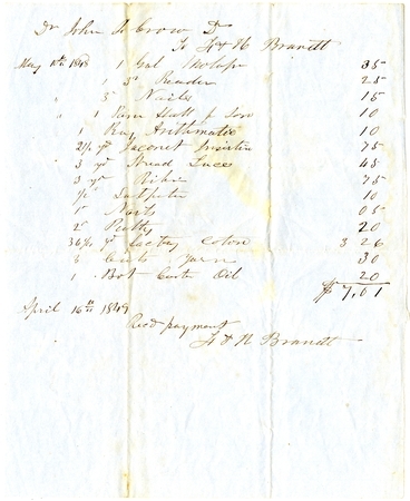 Bill to John Finley Crowe from H. & N. Brandt, May 10, 1848 Thumbnail