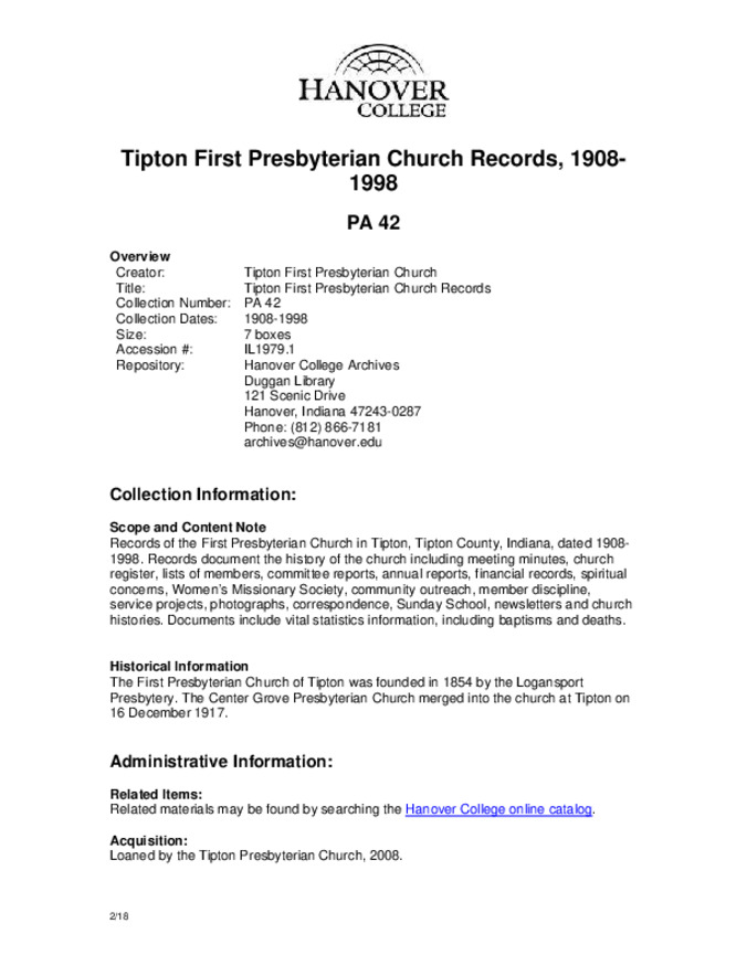 Tipton First Presbyterian Church Records, 1908-1998 - Finding Aid Miniature