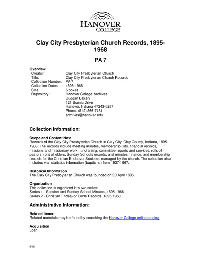 Clay City Presbyterian Church Records, 1895-1968 - Finding Aid                Miniature
