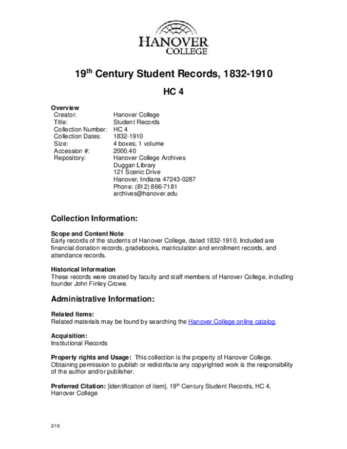 19th Century Student Records, 1832-1910 - Finding Aid Miniaturansicht