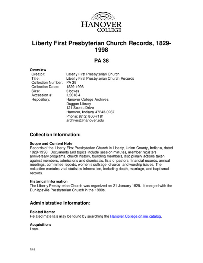 Liberty First Presbyterian Church Records, 1829-1998 - Finding Aid Miniature