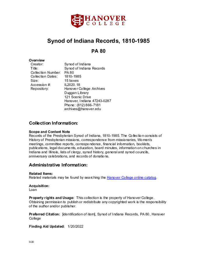 Synod of Indiana Records, 1810-1985 - Finding Aid miniatura