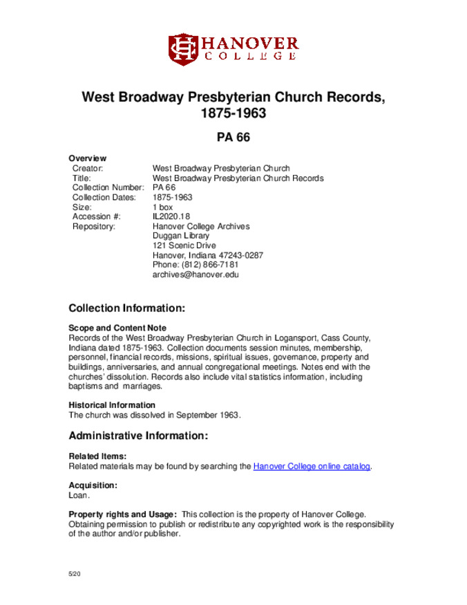 West Broadway Presbyterian Church records, 1875-1963 - Finding Aid Miniature
