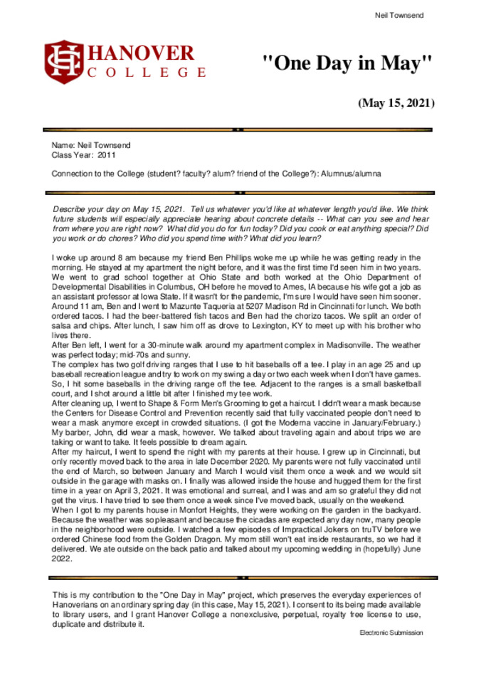 Neil Townsend One Day in May Journal Entry, 2021 | ID: 98ce7f2d-4c1f ...