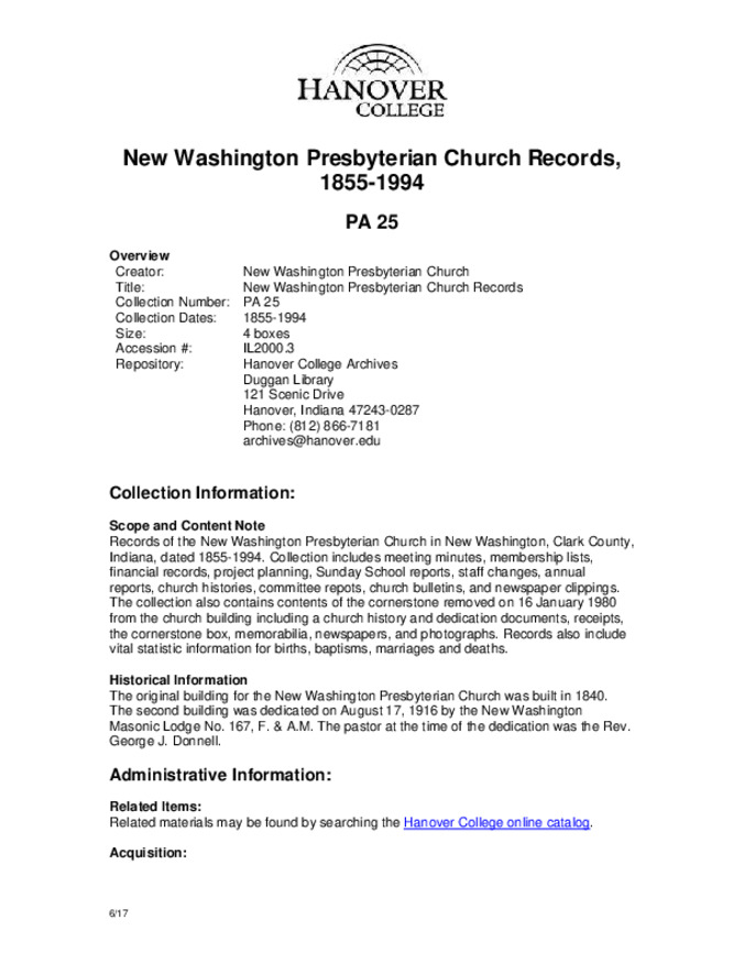 New Washington Presbyterian Church Records, 1855-1994 - Finding Aid miniatura