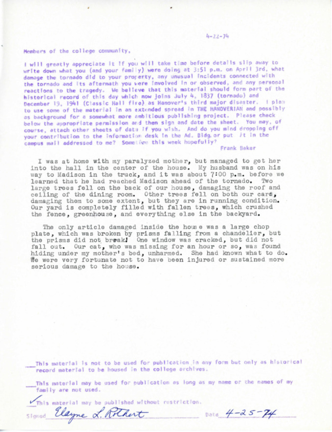 Elayne L. Rothert - 1974 Tornado Testimonial, 1974 Thumbnail