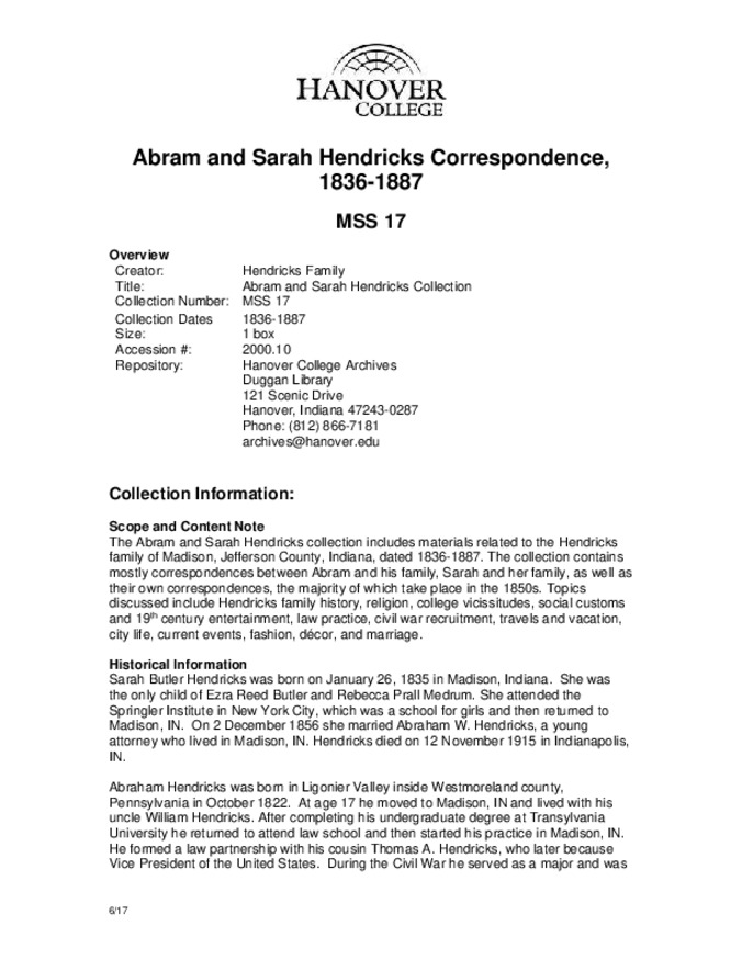 Abram and Sarah Hendricks Correspondence, 1836-1887 - Finding Aid Thumbnail