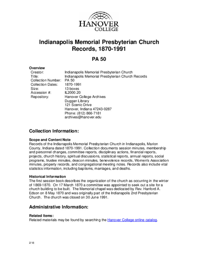 Indianapolis Memorial Presbyterian Church Records - Finding Aid Miniature
