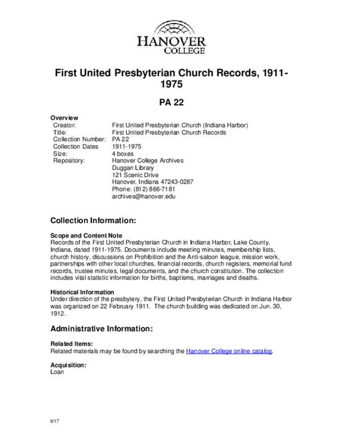 Indiana Harbor First United Presbyterian Church Records, 1911-1975 - Finding Aid Miniature