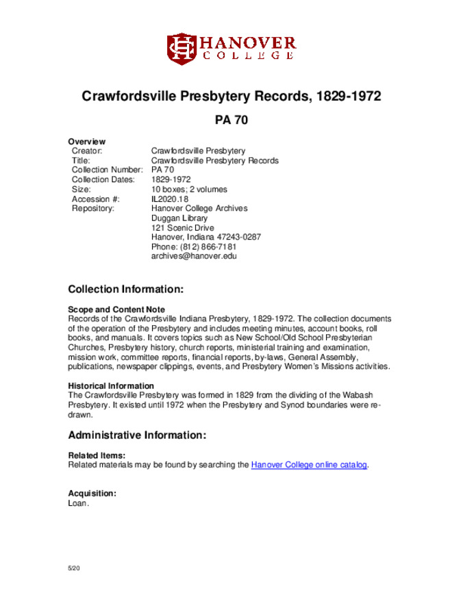 Crawfordsville Presbytery records, 1829-1972 - Finding Aid Miniature