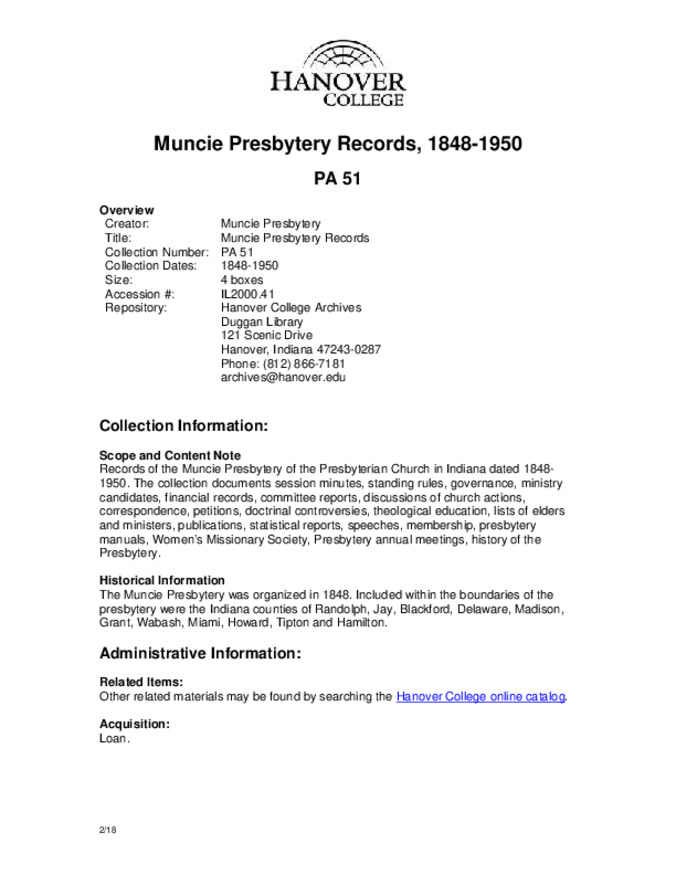 Muncie Presbytery Records, 1848-1950 - Finding Aid miniatura