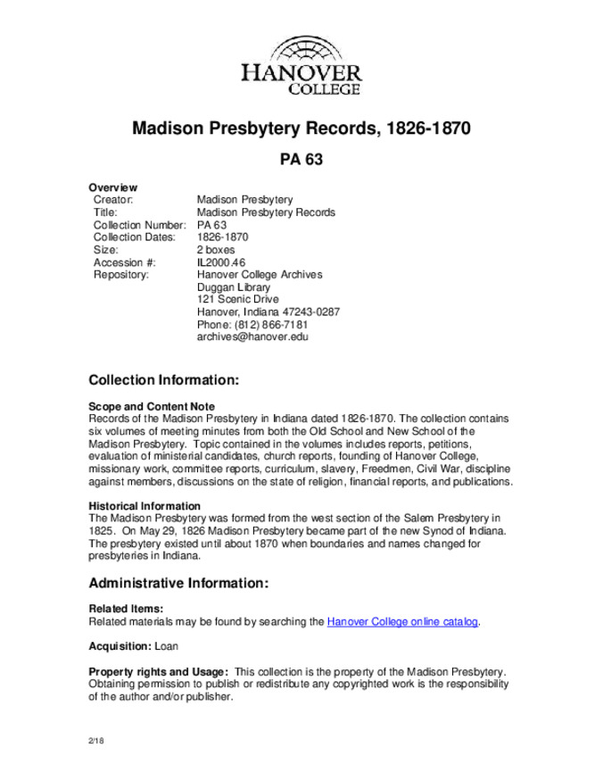 Madison Presbytery records, 1826-1870 - Finding Aid Miniature