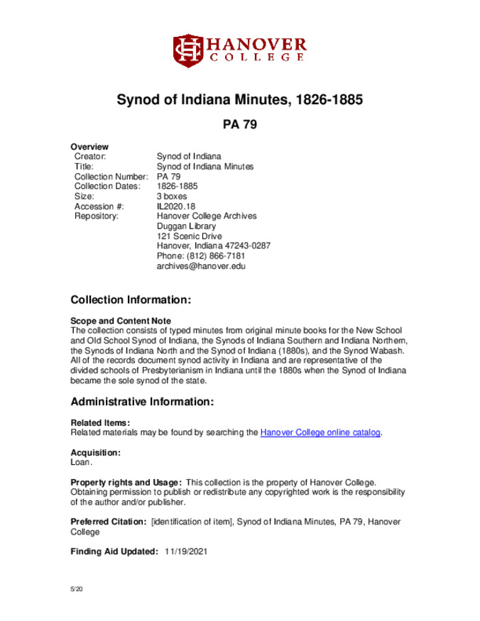 Synod of Indiana Minutes, 1826-1885 - Finding Aid 缩略图