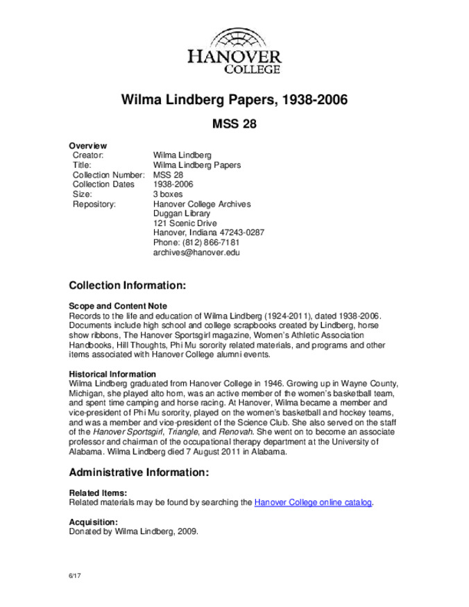 Wilma Lindberg Papers, 1938-2006 - Finding Aid Miniaturansicht
