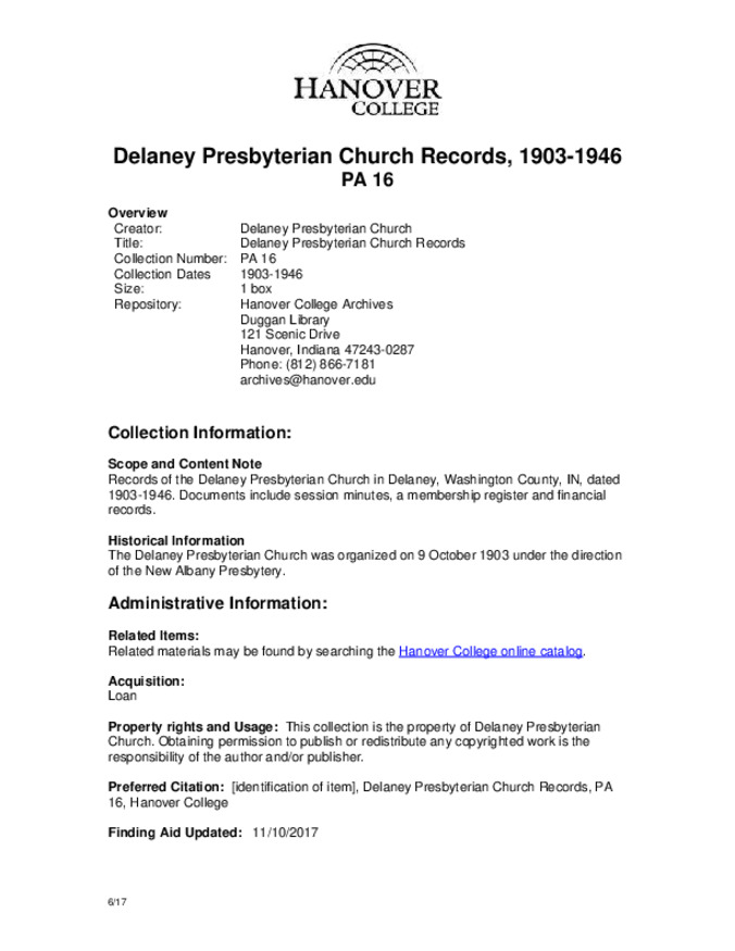 Delaney Presbyterian Church Records, 1903-1946 - Finding Aid 缩略图