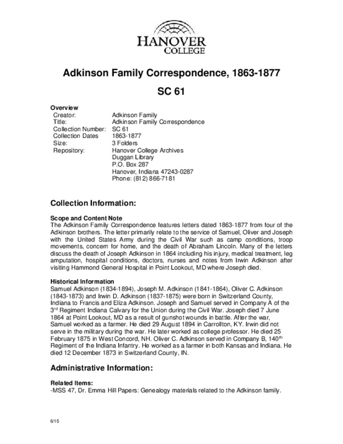 Adkinson Family Correspondence, 1863-1877 - Finding Aid Thumbnail