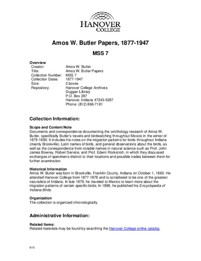 Amos W. Butler Papers, 1877-1947 - Finding Aid Miniaturansicht