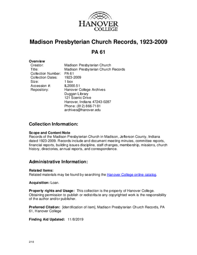 Madison Presbyterian Church records, 1923-2009 - Finding Aid Miniature