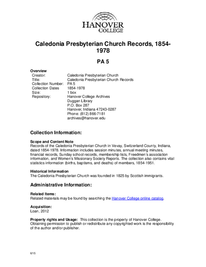 Caledonia Presbyterian Church Records, 1854-1978 - Finding Aid Miniature
