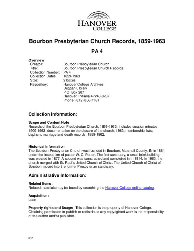 Bourbon Presbyterian Church Records, 1859-1963 - Finding Aid Miniature